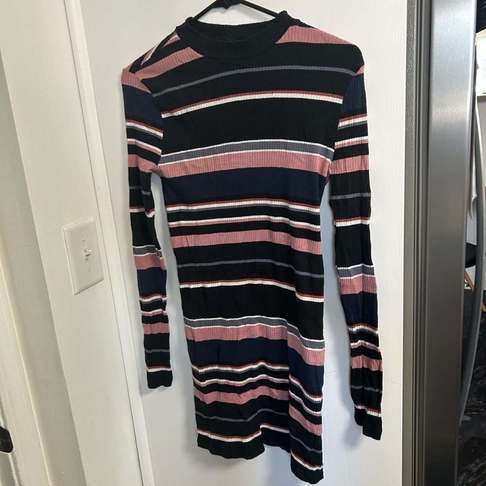 Forever 21 Black and Pink Striped Long Sleeve Dress